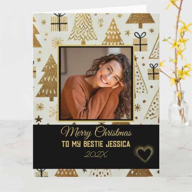 Carte Elégant Joyeux Bestie de Noël Noir et Or (Fleur jaune)