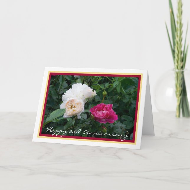 Carte Élégant Joyeux Deuxième Mariage Anniversaire Roses (Devant)