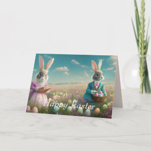 Carte Élégant lapin de Pâques Vintage garçon et fille