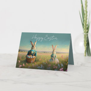 Carte Élégant lapin de Pâques Vintage garçon et fille