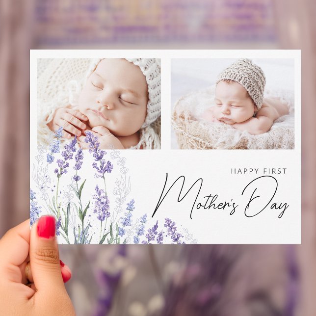 Carte Elegant Lavender First Mother's Day 2 Photos Flat (Elegant Lavender First Mother's Day 2 Photos Flat Card)