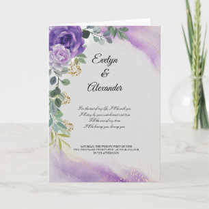Carte Élégant mariage rose dorée aquarelle violette 
