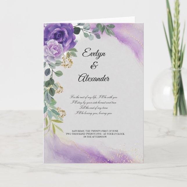 Carte Élégant mariage rose dorée aquarelle violette  (Devant)