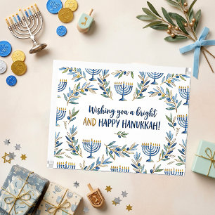 Carte Élégant Menorah Bleu Or Aquarelle Hanukkah