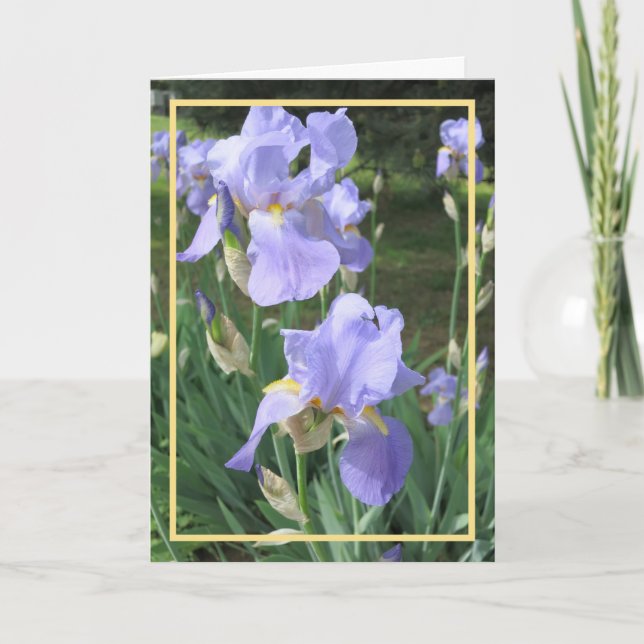 Carte Elégant Moderne Purple Irises Photo Cadre doré (Devant)