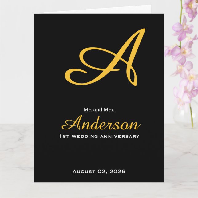 Carte Élégant Monogramme Noir Or Mariage Anniversaire (Orchidée)