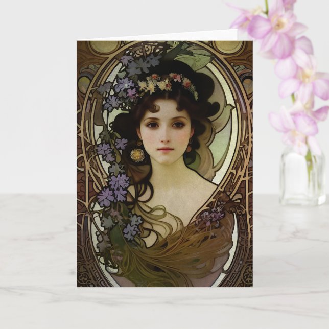 Carte Elégant Mucha Style Portrait d'une belle femme (Orchidée)