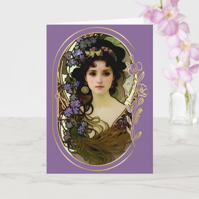 Carte Elégant Mucha Style Portrait d'une belle femme (Orchidée)