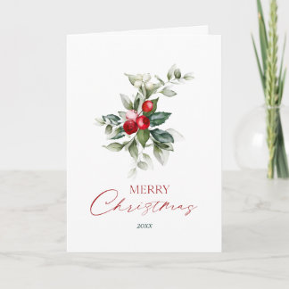 Carte Élégant Noël botanique au houx à l'aquarelle