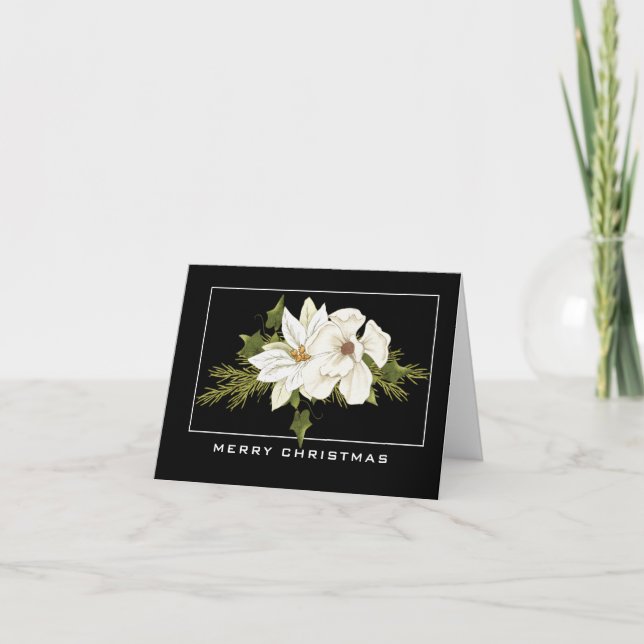 Carte Élégant Noël Floral Blanc Joyeux (Devant)