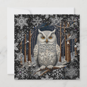 Carte Élégant Noël hibou blanc forêt hivernale des bois
