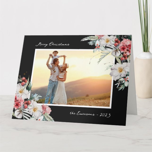 Carte Élégant Noël noir photo vacances (Devant)