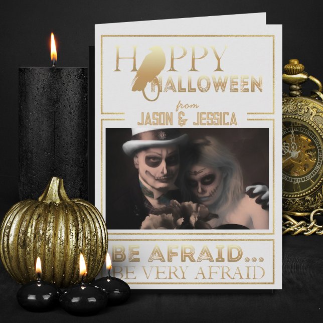 Carte Elégant Or Et Blanc Chic Adulte Adulte Happy Hallo (Elegant white and gold Halloween greeting card with photo)