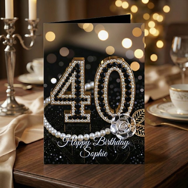 Carte Élégant Or Noir Diamants Perles 40e Anniversaire (Créateur téléchargé)