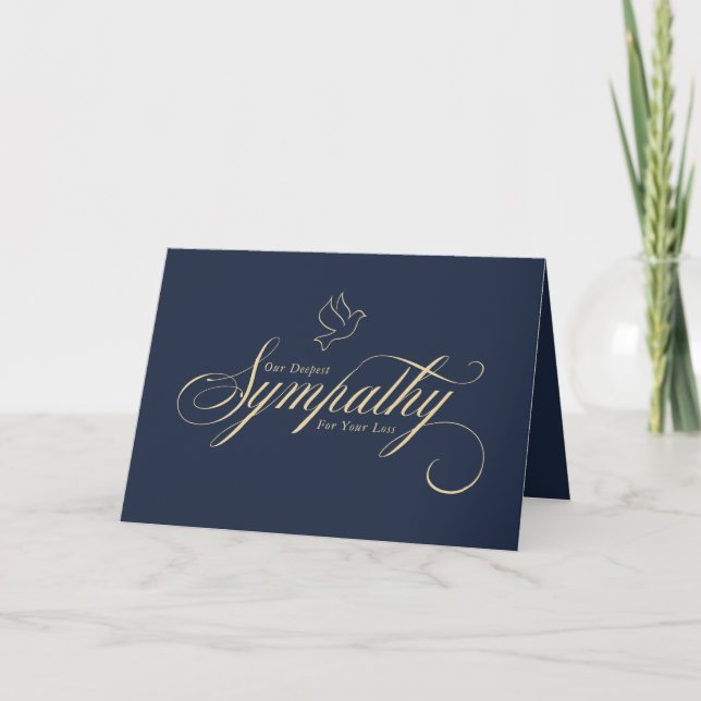 Carte Élégant or script colombe bleu condoléances sympat (Devant)