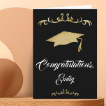 Carte Elégant Ornament Or Félicitations Graduation<br><div class="desc">Elégante Golden Félicitations Graduate Graduate Card. Carte de graduation avec capuchon de graduation,  script tendance et ornements or. Félicitations et nom du diplômé sur le devant - personnalisez avec votre nom. Personnalisez le texte à l'intérieur de la carte ou effacez-le.</div>