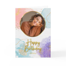 Elegant Pastel Gold Script Circle Photo Birthday