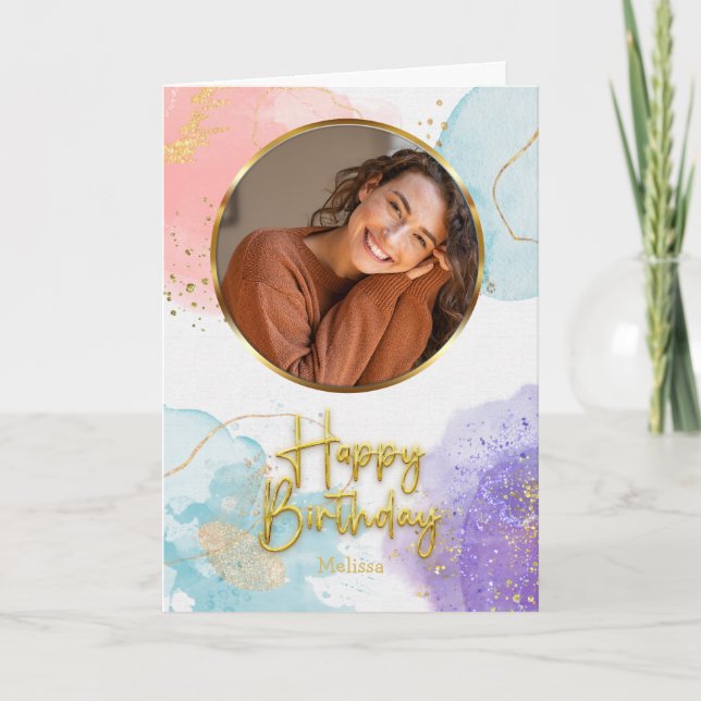 Carte Elegant Pastel Gold Script Circle Photo Birthday (Devant)