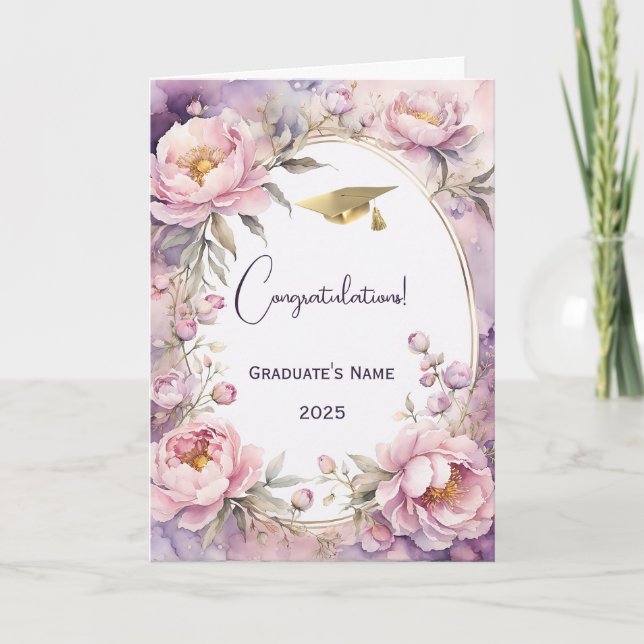 Carte Élégant Peony rose Aquarelle Graduation (Devant)