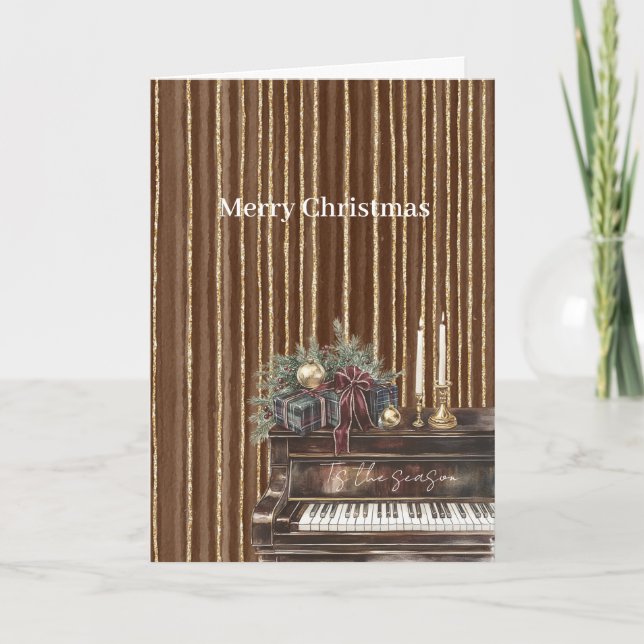 Carte Elegant Piano Gold Brown Stripes Christmas (Devant)