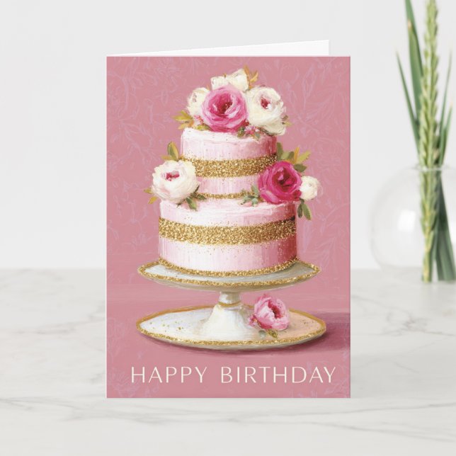 Carte Elegant Pink And Gold Floral Birthday Cake (Devant)