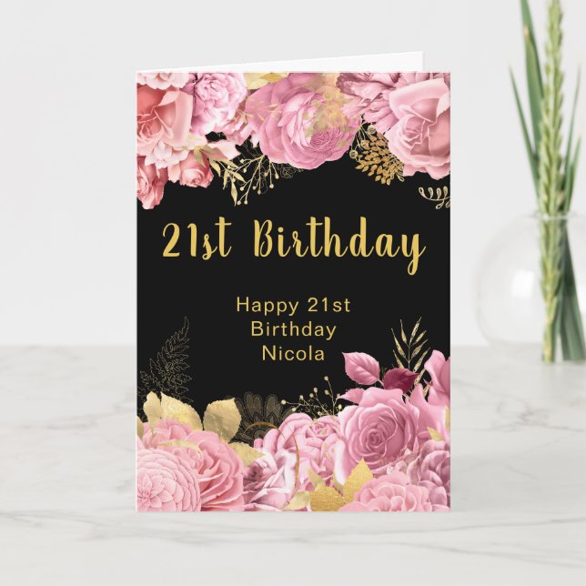 Carte Elegant Pink and Gold Flowers Birthday (Devant)