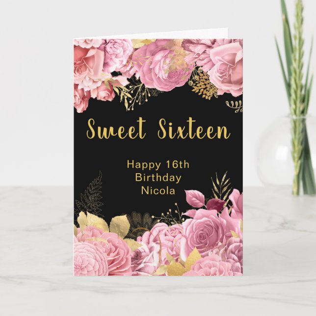 Carte Elegant Pink and Gold Flowers Sweet Sixteen (Devant)