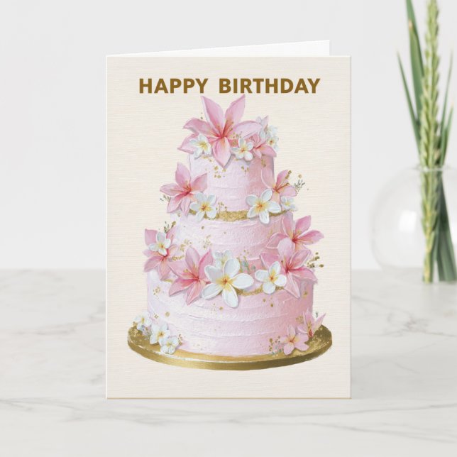 Carte Elegant Pink and White Floral Cake Birthday Card (Devant)