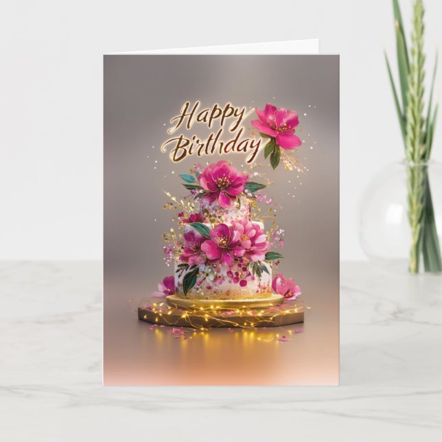 Carte Elegant Pink & Gold Floral Birthday Cake (Devant)