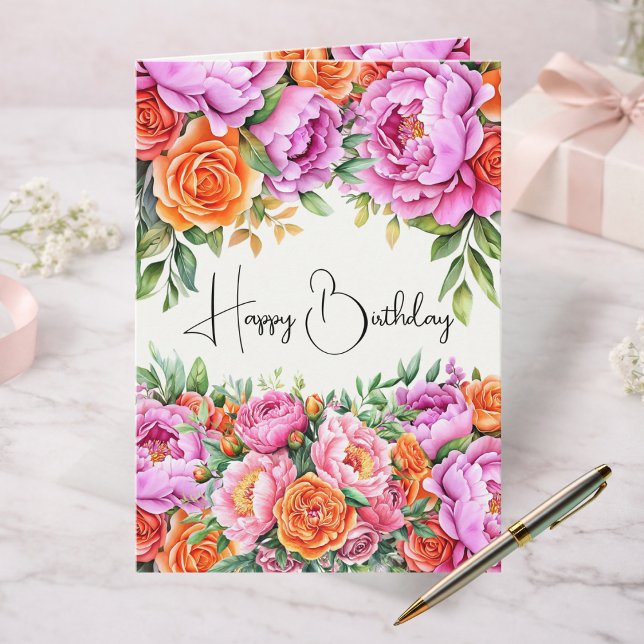 Carte Elegant Pink Peonies Floral Happy Birthday Card (Créateur téléchargé)