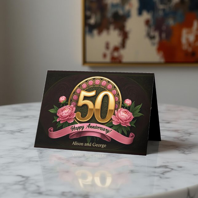 Carte Élégant Pink Peonies Gold 50e anniversaire Mariage (Créateur téléchargé)