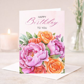 Carte Elegant Pink Peonies & Roses Soft Floral Birthday