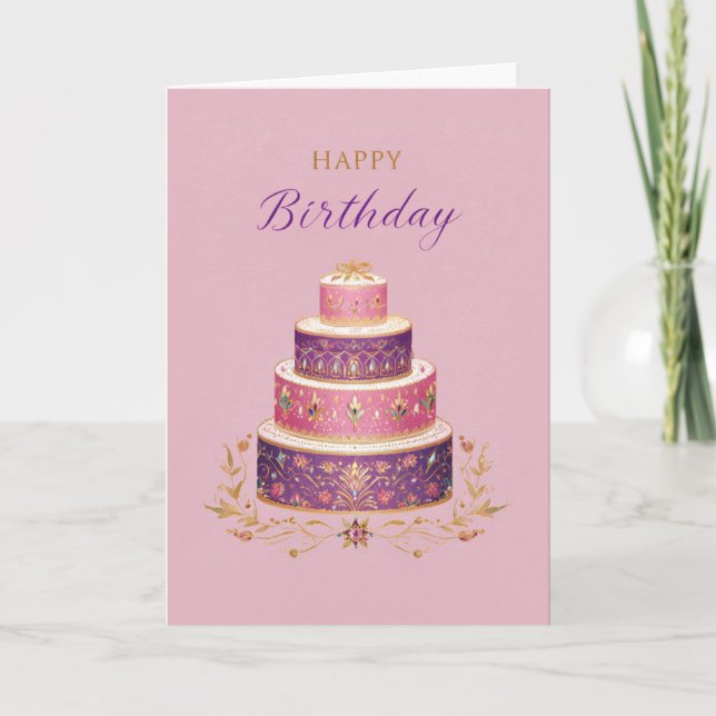Carte Elegant Pink, Purple & Gold Birthday Cake (Devant)