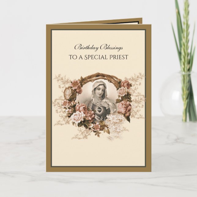 Carte Elegant prêtre catholique Vierge Marie or   (Devant)
