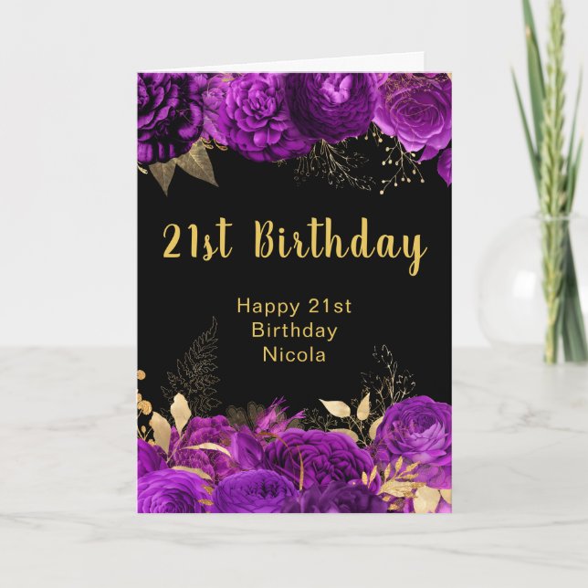 Carte Elegant Purple and Gold Flowers Birthday (Devant)