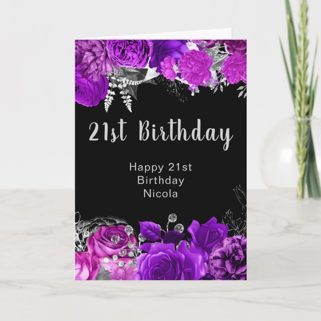 Carte Elegant Purple and Silver Flowers Birthday  (Devant)