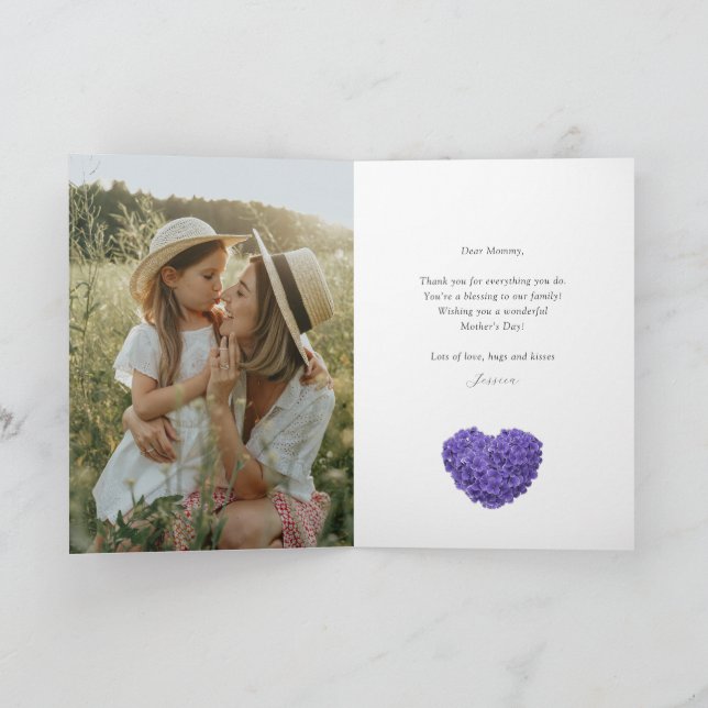 Carte Élégant Purple Floral Heart Photo Fête des Mères (Intérieur)