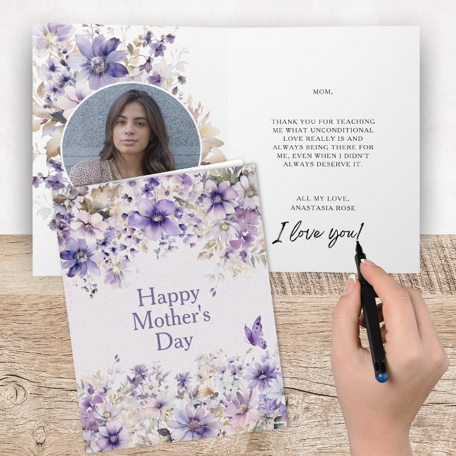 Carte Élégant Purple Floral Joyeux Mère's Day Keepsaké (Elegant floral mother's day card with keepsake photo and modern sentimental personalized text)