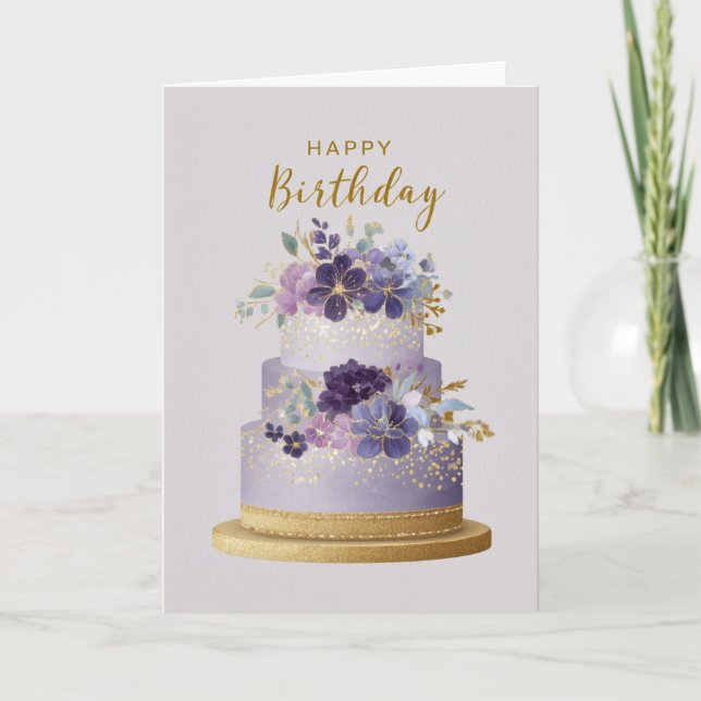 Carte Elegant Purple & Gold Floral Birthday Cake (Devant)