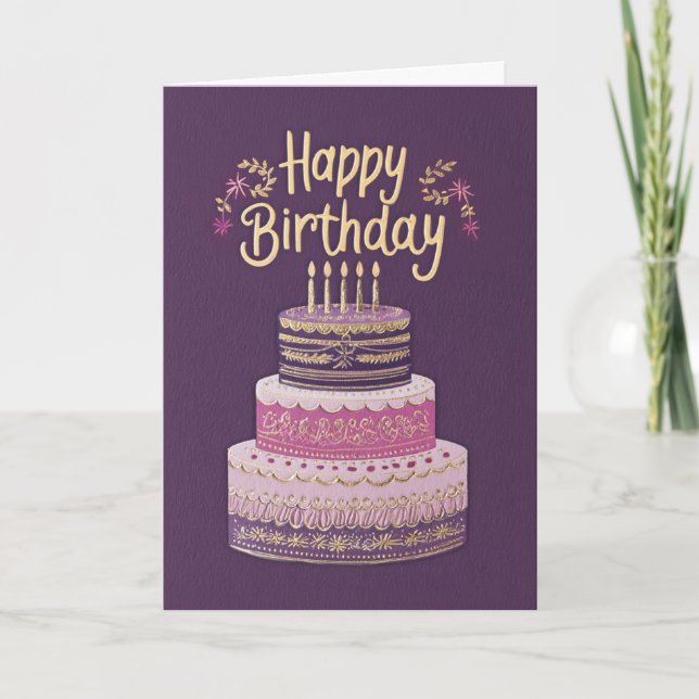 Carte Elegant Purple, Pink & Gold Birthday Cake (Devant)