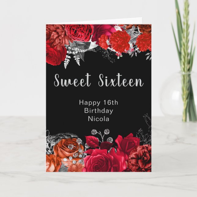 Carte Elegant Red and Silver Flowers Sweet Sixteen (Devant)