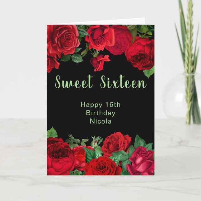 Carte Elegant Red Roses Flowers Sweet Sixteen (Devant)