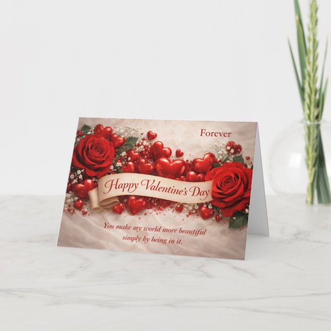 Carte Elegant Red Roses & Hearts Valentine’s Day (Devant)