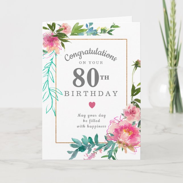 Carte Elégant rose Peony Floral 80e anniversaire (Devant)