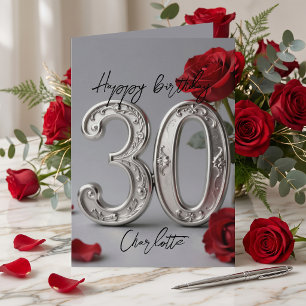 Carte Élégant Rose Rouge Argent Romantique 30e Anniversa