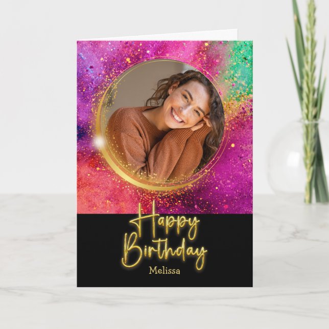 Carte Elegant Script Colorful Glitter Photo Birthday (Devant)