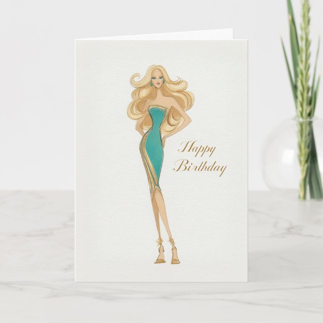 Carte Elegant Stylish Woman in Teal Dress Birthday (Devant)