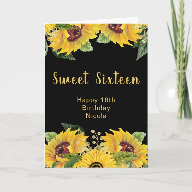 Carte Elegant Sunflowers and Foliage Sweet Sixteen (Devant)