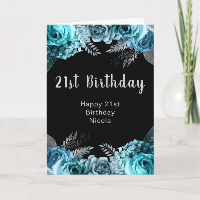 Carte Elegant Teal Blue and Silver Flower Birthday Party (Devant)