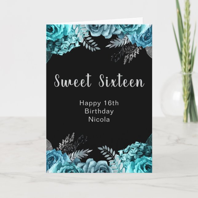 Carte Elegant Teal Blue and Silver Flowers Sweet Sixteen (Devant)